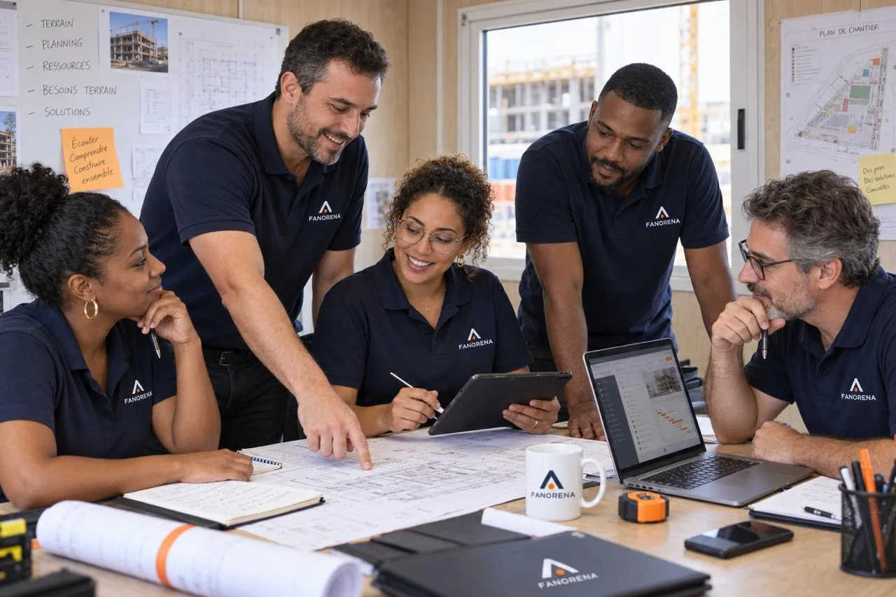 Des professionnels du BTP réunis autour de plans de chantier
